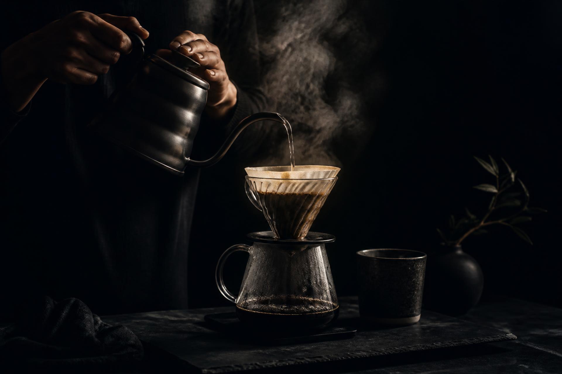 Freshly roasted Australian specialty coffee beans brewed as pour-over on dark slate