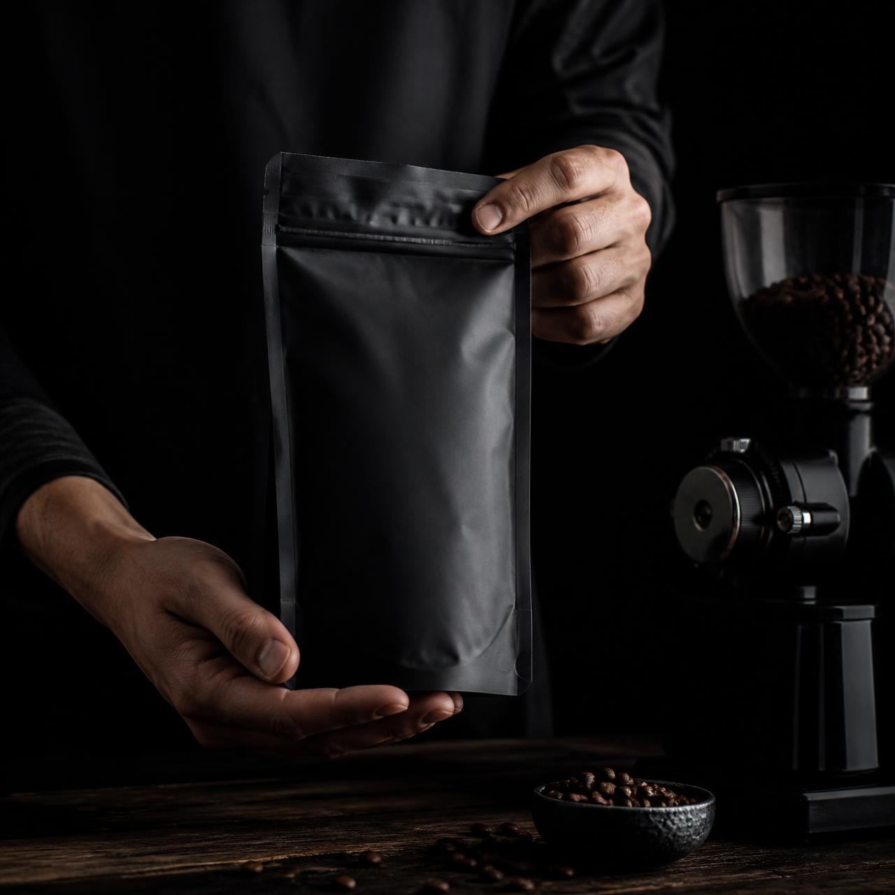 Australian roaster holding a matte black bag of freshly roasted coffee beans beside a grinder